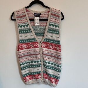 Vintage  V-Neck Sweater Vest in Red, Green, and Cream vintage women’s small